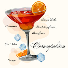 Cosmopolitan Cocktail Flat design. Summer Cocktail Drink Vector Illustration