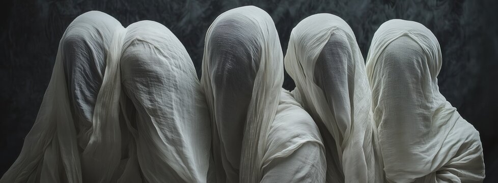Five figures draped in white translucent fabric, creating an enigmatic atmosphere. Muslin wives