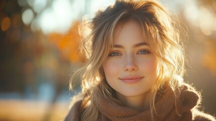 Obraz premium A young woman smiling warmly in a sunlit outdoor setting, wearing a cozy scarf.