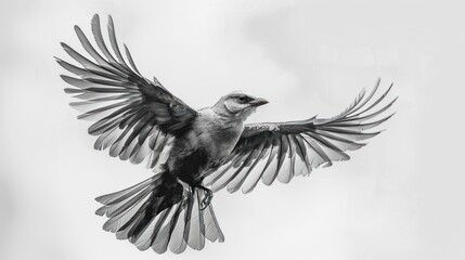 Obraz premium Monochrome bird in flight, wings spread wide against a light background.