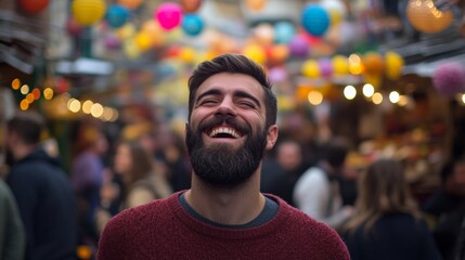 Fototapeta premium Joyful Man Smiling in Colorful Market with Balloons and Lights