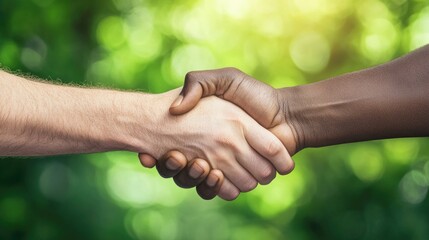 Interracial handshake against lush green background Commitment Day