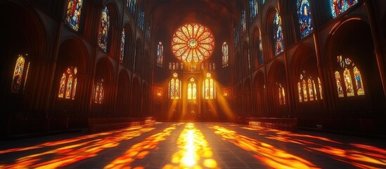 Sunlit cathedral interior with stained glass windows and rose window.