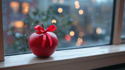 Red apple with bow on windowsill in soft focus bokeh background Apple Gifting Day