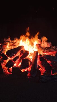Bonfire made of logs burning with hot flames, with sparks flying. Bonfire isolated in the darkness. Vertical video.