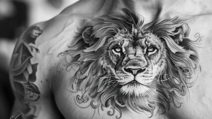 Obraz premium Close-up black and white chest tattoo of a lion's face.