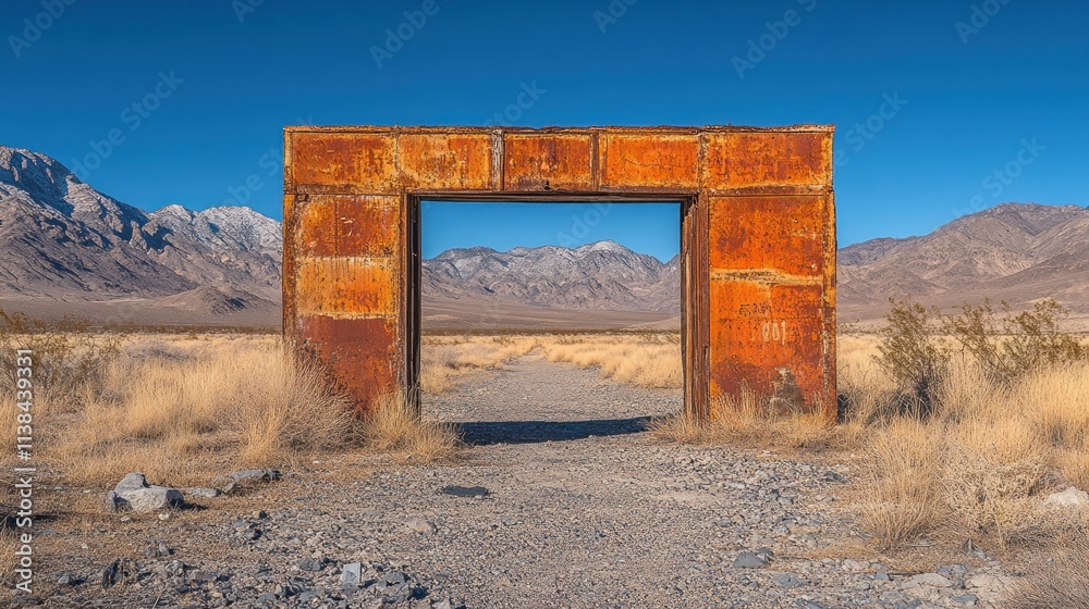 Aufkleber an empty, rusted frame stands in a vast landscape, inviting exploration and contemplation.