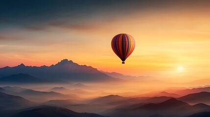 Fototapeta premium A photostock of a colorful hot air balloon floating in the sky with mountains in the background, Ultra-Realistic, Photo Realistic, highly detailed, 