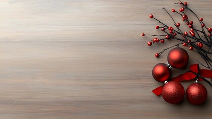 A photostock of a creative flat lay of holiday ornaments and ribbons on a wooden background, Ultra-Realistic, Photo Realistic, highly detailed, 