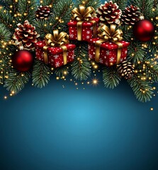 Naklejka premium vertical image, pine border and presents on the top, blue christmas background