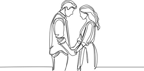 continuous line drawing of woman and man holding hands facing each other, line art vector illustration