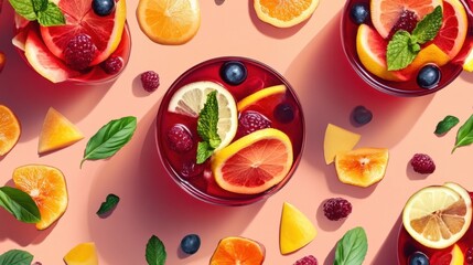 Naklejka premium Vibrant Sangria Flat Lay - Refreshing Wine Cocktail with Fresh Fruit Slices and Garnishes for Festive Celebration