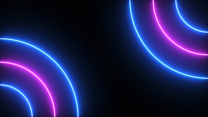 Abstract neon background of blue and pink laser lines forming circles. Neon glowing dynamic light lines. Vibrant radial fluorescent neon lines on black, colorful intro and opener. 