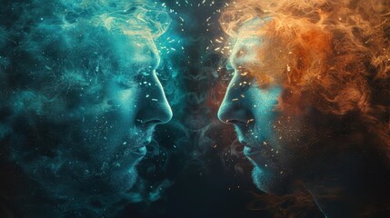 A dramatic and artistic photographic depiction of two male profiles facing each other with swirling blue and orange smoke, symbolizing duality and contrast