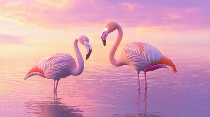 Fototapeta premium Two elegant flamingos stand gracefully in serene waters, surrounded by a pastel sunset, showcasing their vibrant pink feathers.