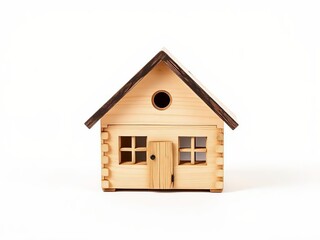 Minimalist Wooden Model House. Toy-Like Log Cabin in Neutral Tones. Small wooden house isolated on white background 