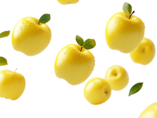 Yellow apples floating in mid-air, displayed on a transparent background, perfect for fresh produce advertising, healthy eating visuals, or vibrant food-related designs.