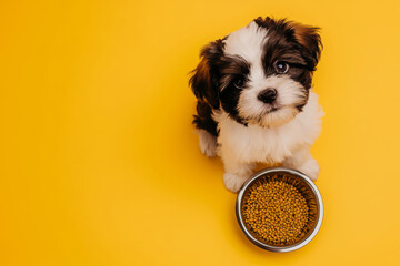 Fototapeta na wymiar Hungry dog sits next to bowl of of dry pet food on yellow background. Animal feeding and pet care