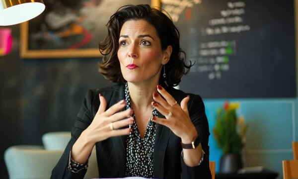 Businesswoman speaking passionately, gesturing hands. Ideal for presentations, motivational content, leadership topics, communication visuals, and business related designs.