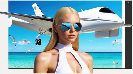 Luxurious beach getaway with a stunning model and a private jet against a vibrant ocean backdrop