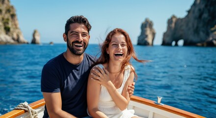 Obraz premium Happy multiethnic couple enjoying a sunny day on a boat in beautiful seaside landscape