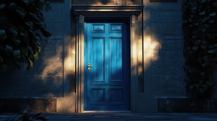 Blue door opening with radiant light creating dynamic 3D render for conceptual banner and design visuals