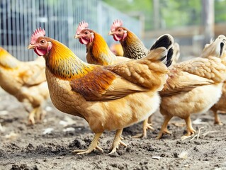 Fototapeta premium A group of vibrant brown and golden chickens scratching in the dirt of a sunlit farmyard, with a fence in the background and a lively rural atmosphere