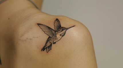 Obraz premium Delicate hummingbird tattoo on woman's shoulder.