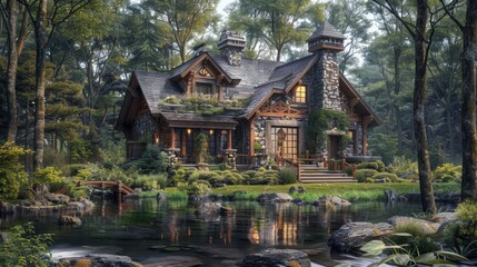 Obraz premium A charming rustic cottage nestled in a serene forest setting with lush greenery and a tranquil pond reflecting the peaceful surroundings