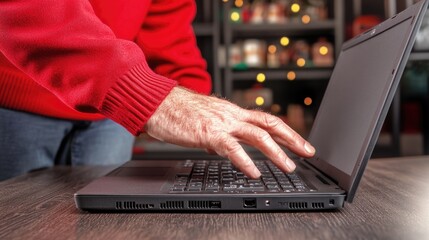 Fototapeta premium Elderly caucasian man typing on laptop in cozy room with shelves and lights