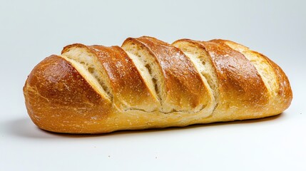 Fototapeta premium Freshly Baked Artisan Bread Loaf with Golden Brown Crust and Soft Interior Perfect for Sandwiches or Toast Served on a Neutral Background