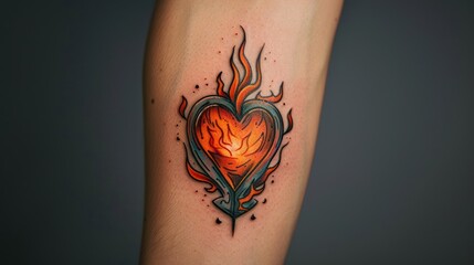Fiery heart tattoo on forearm.
