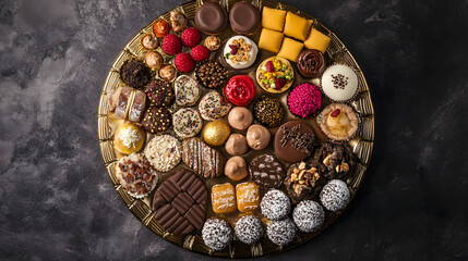 Fototapeta premium Captivating Art Deco Dessert Platter with Meticulous Arrangements of Gourmet Sweets and Shimmering Gold Accents