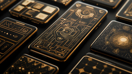 Visually Captivating Art Deco Smartphone Interface with Luscious Golden Accents and Geometric Layouts Merging Vintage and Modern Styles