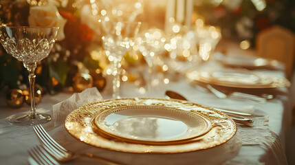 Opulent Art Deco Dining Table with Polished Silverware, Golden Plates, and Stunning Vintage Centerpieces