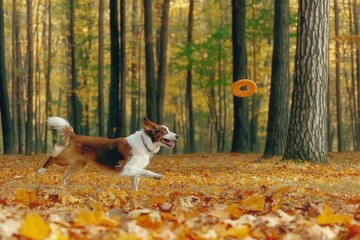 A brown and white border collie energetically chasing an orange frisbee in a serene autumn forest, surrounded by golden leaves and tall trees