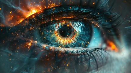 A stunning close-up of a human eye surrounded by vibrant fire-like sparkles with intricate details in the iris creating a mesmerizing visual effect