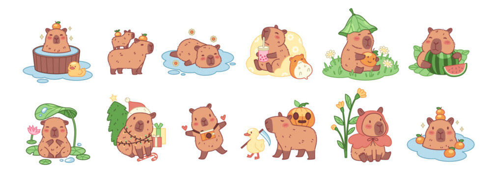 Cute cartoon capybaras characters. Funny exotic animals in different actions, they swim, relax, walk and eat, kawaii biggest adorable baby rodent, tidy vector cartoon flat isolated set