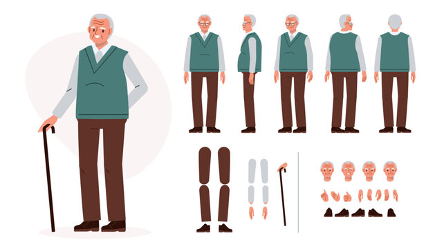 Elderly man character constructor for animation. Front, side and back view set. Body parts, postures, poses collection. Vector illustration.

