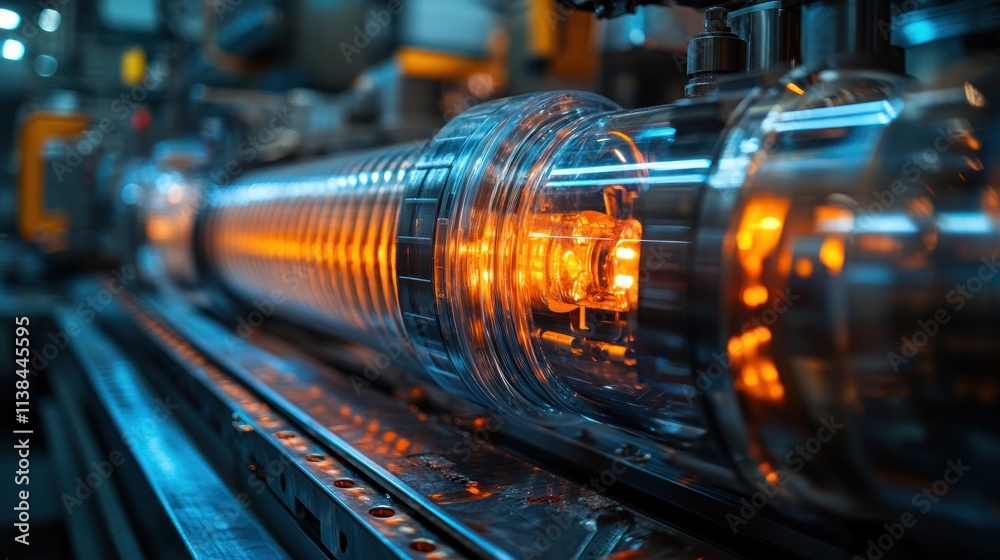Poster close-up of a glowing industrial component, showcasing intricate design and technology.