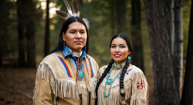 Native american couple in traditional attire amidst forest setting for cultural representation