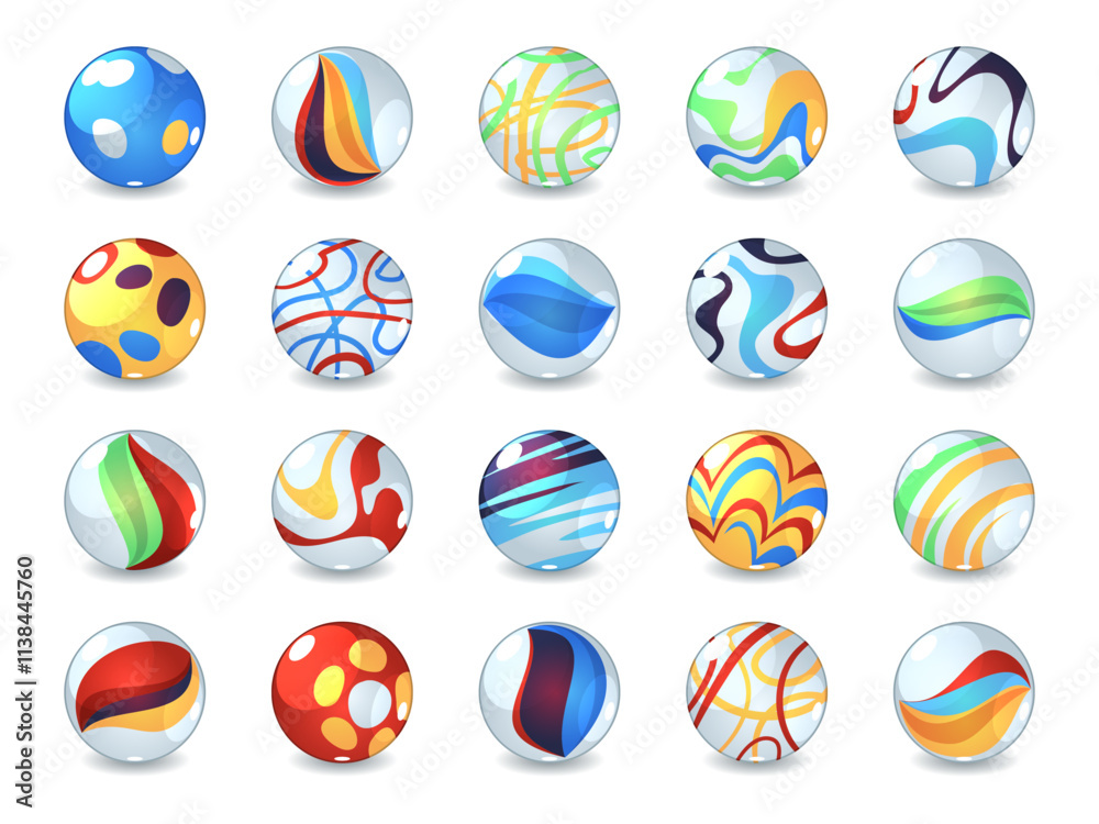 Wall mural color glass balls. marbles game elements, transparent toy, refracting multicolored spheres with diff