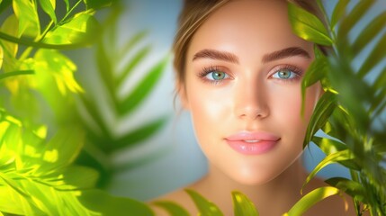 Fototapeta premium Radiant young caucasian woman amidst lush green foliage. The concept of health, beauty, self-care, skin care