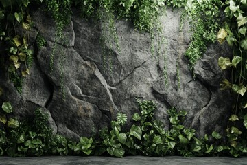 Stone Wall with Lush Greenery: A Serene Natural Backdrop. Digital Background.