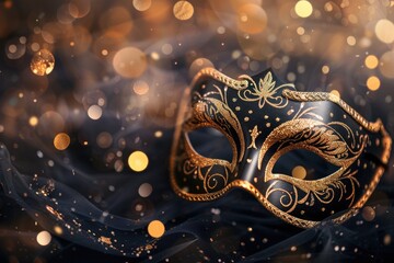 Masquerade Background. Venetian Mask for Luxury Christmas Party Celebration on Golden Bokeh Backdrop