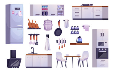 Kitchen room. Interior set with different furniture elements for kitchen exact vector template