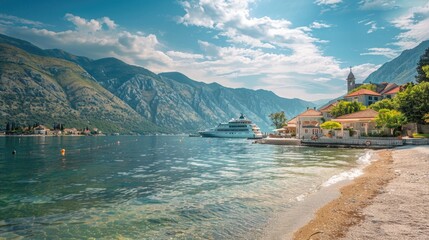 Fototapeta premium Mediterranean Cruise. Stunning Adriatic Coastline View with Cruise Ship in Montenegro