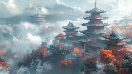 A breathtaking, mystical landscape featuring ancient, multi-tiered pagodas set amidst a serene mountain backdrop enveloped in lush autumn foliage and a tranquil mist