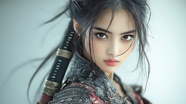 A dramatic portrayal of a warrior woman with a katana, drawn on textured Strathmore charcoal paper. The focus on her armor&rsquo;s elaborate details and her fierce expression is accentuated by the 