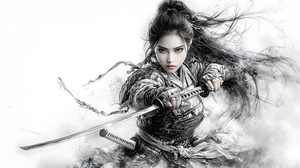 A female samurai wielding a katana in a powerful stance, drawn in charcoal. Her intricate armor and focused expression are enhanced by dramatic lighting and a blurred background for depth. Ultra-Reali